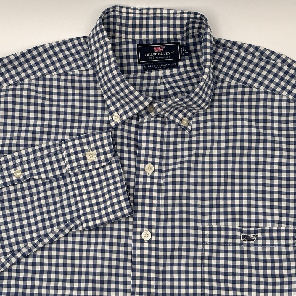 Vineyard Vines Performance Shirt Mens XL Blue Gingham Nylon Slim Fit Tucker LS
